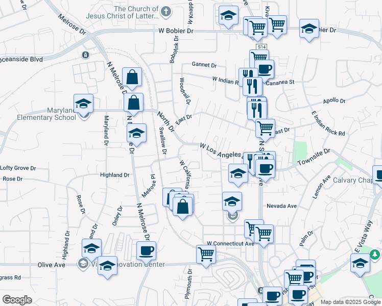 map of restaurants, bars, coffee shops, grocery stores, and more near 416 West Los Angeles Drive in Vista