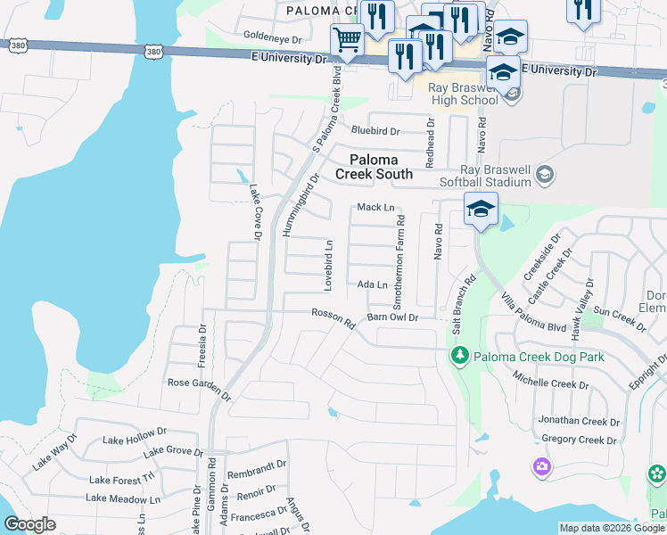 map of restaurants, bars, coffee shops, grocery stores, and more near 813 Lovebird Lane in Little Elm