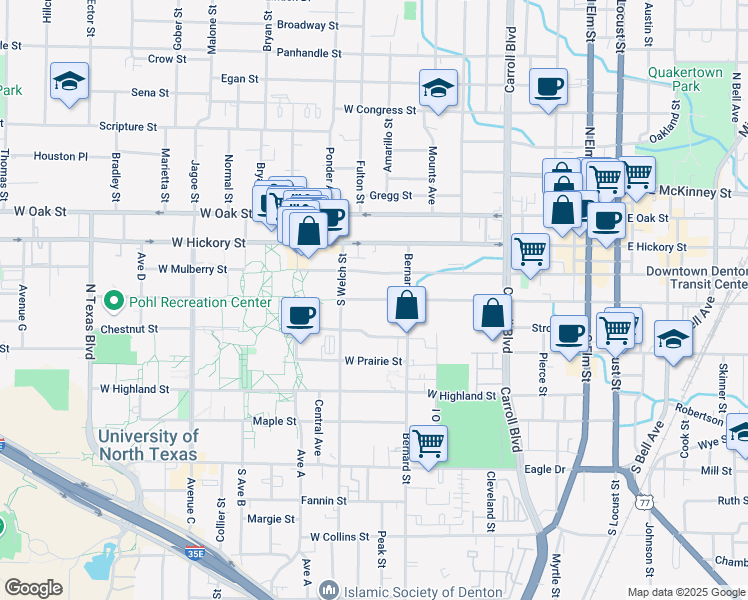 map of restaurants, bars, coffee shops, grocery stores, and more near 930 West Sycamore Street in Denton