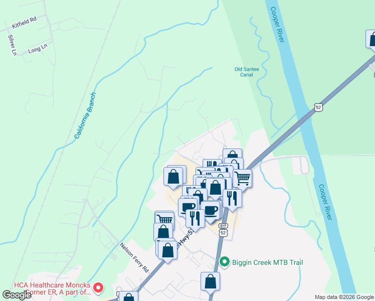 map of restaurants, bars, coffee shops, grocery stores, and more near 3200 Mariners Way in Moncks Corner