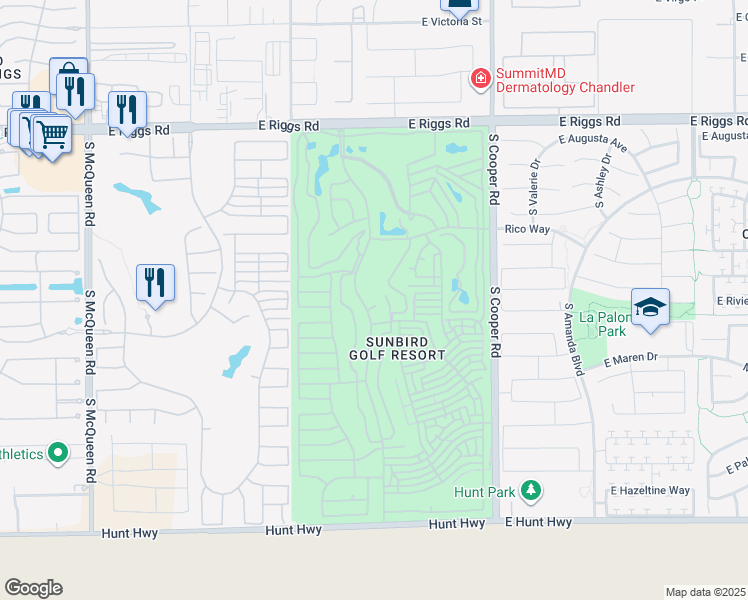 map of restaurants, bars, coffee shops, grocery stores, and more near 6451 South Championship Drive in Chandler