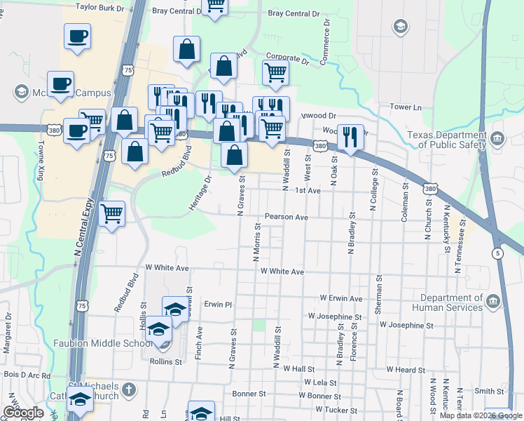 map of restaurants, bars, coffee shops, grocery stores, and more near 1609 Haddock Street in McKinney