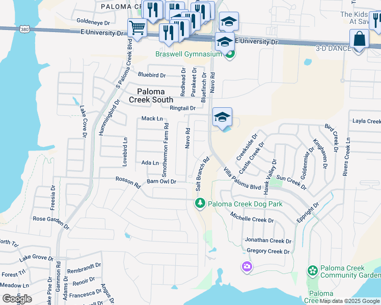map of restaurants, bars, coffee shops, grocery stores, and more near 800 Meandering Trail in Little Elm