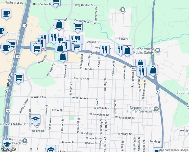 map of restaurants, bars, coffee shops, grocery stores, and more near 1604 Byrne Street in McKinney