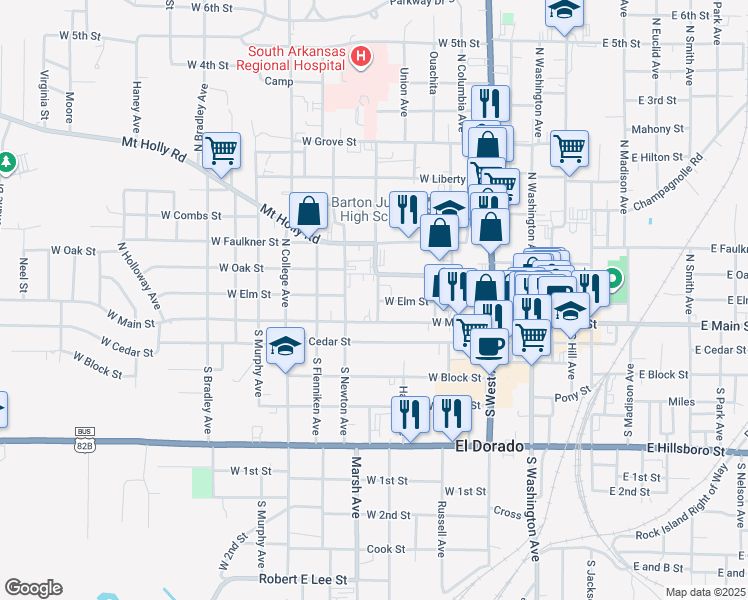 map of restaurants, bars, coffee shops, grocery stores, and more near 209 Thompson Avenue in El Dorado