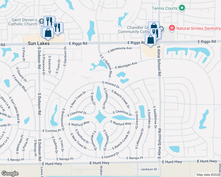 map of restaurants, bars, coffee shops, grocery stores, and more near 25635 South Beech Creek Drive in Sun Lakes