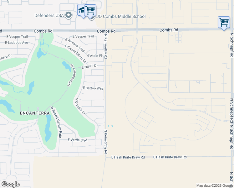 map of restaurants, bars, coffee shops, grocery stores, and more near 36675-36771 North Kenworthy Road in San Tan Valley