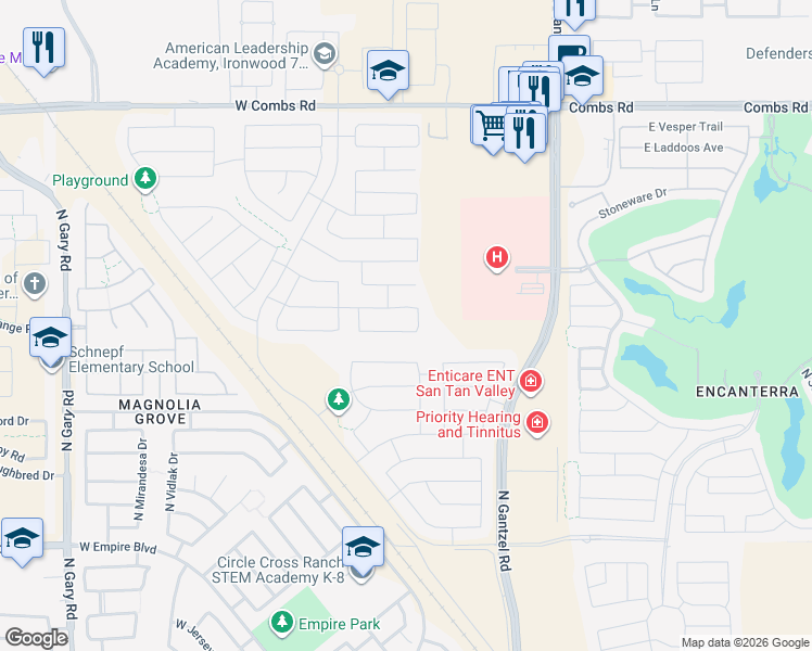 map of restaurants, bars, coffee shops, grocery stores, and more near 365 West White Sands Drive in San Tan Valley