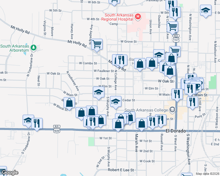 map of restaurants, bars, coffee shops, grocery stores, and more near 900-998 West Elm Street in El Dorado