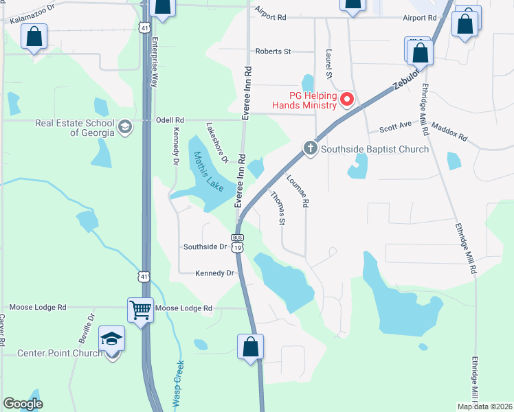map of restaurants, bars, coffee shops, grocery stores, and more near 1365 Zebulon Road in Griffin