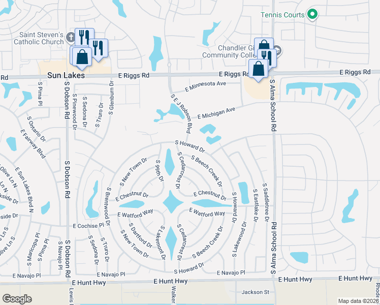 map of restaurants, bars, coffee shops, grocery stores, and more near 25636 South Howard Drive in Sun Lakes