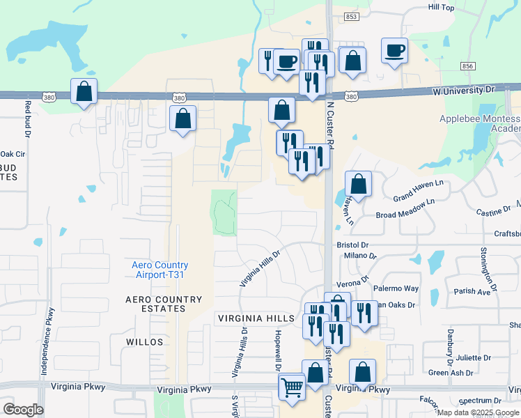 map of restaurants, bars, coffee shops, grocery stores, and more near 9300 Warren Drive in McKinney