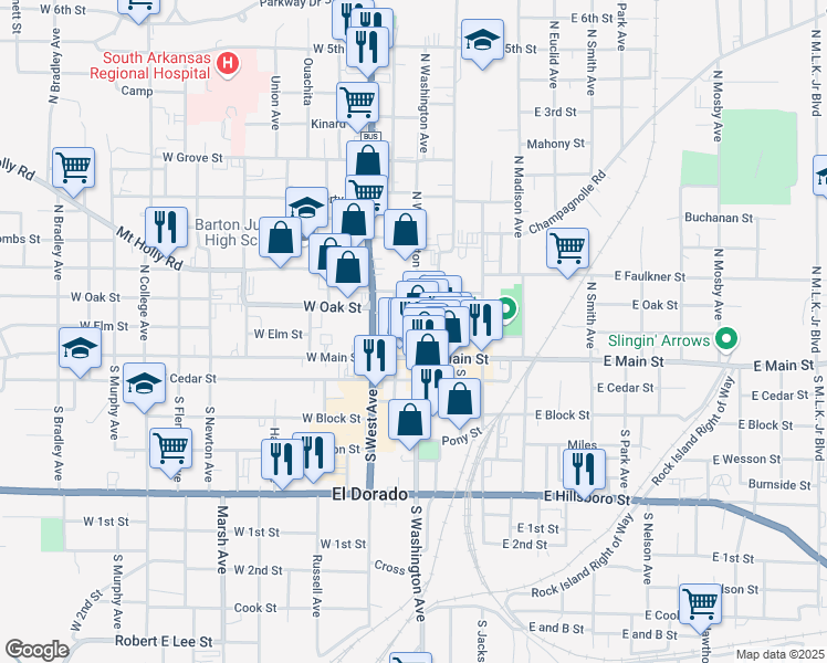 map of restaurants, bars, coffee shops, grocery stores, and more near 200 North Washington Avenue in El Dorado