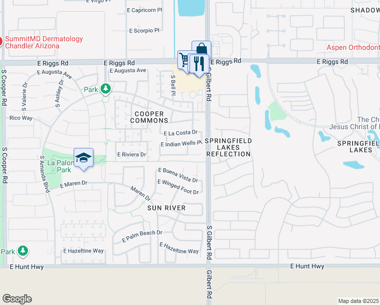 map of restaurants, bars, coffee shops, grocery stores, and more near 2930 East Riviera Place in Chandler