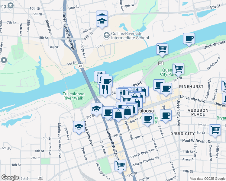 map of restaurants, bars, coffee shops, grocery stores, and more near 2344 Jack Warner Parkway in Tuscaloosa