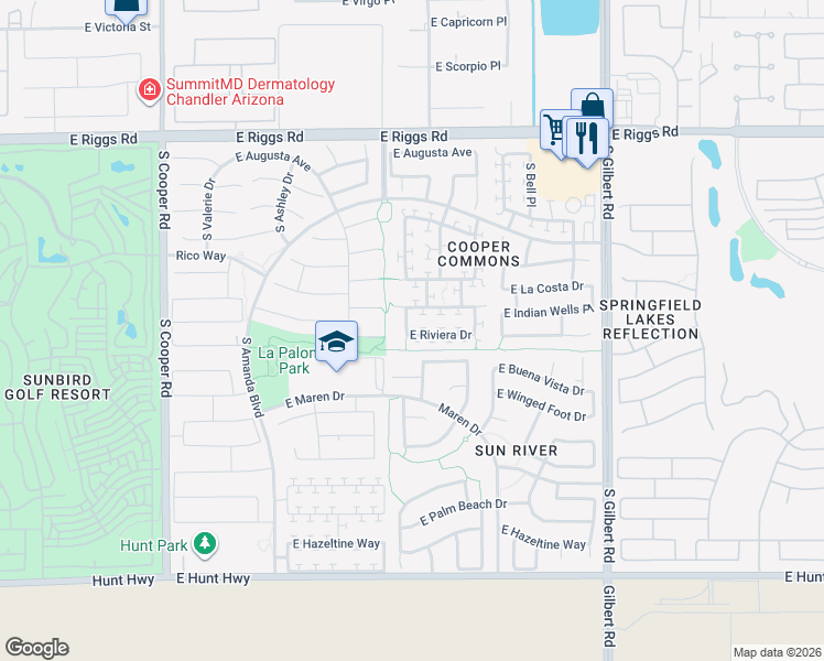map of restaurants, bars, coffee shops, grocery stores, and more near 2574 East Riviera Drive in Chandler