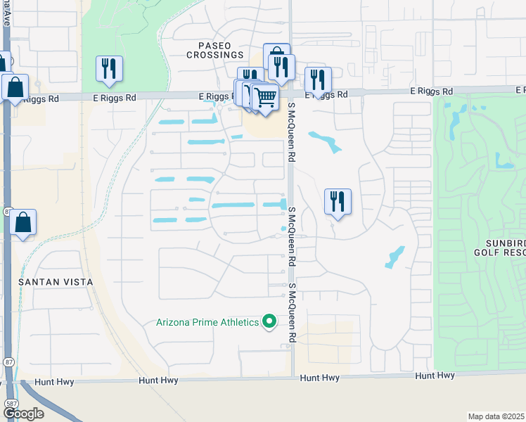 map of restaurants, bars, coffee shops, grocery stores, and more near 928 East Indian Wells Place in Chandler