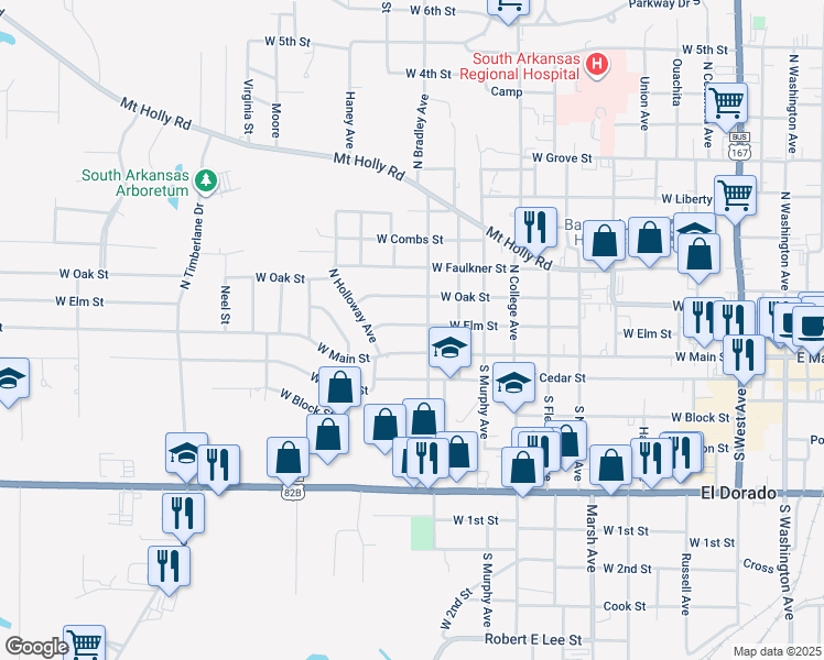 map of restaurants, bars, coffee shops, grocery stores, and more near 1219 West Elm Street in El Dorado