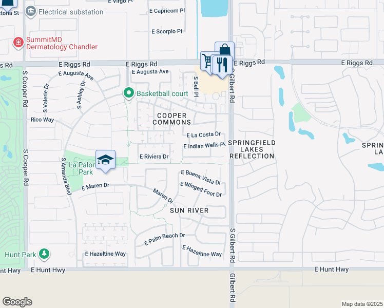map of restaurants, bars, coffee shops, grocery stores, and more near 2873 East Indian Wells Place in Chandler
