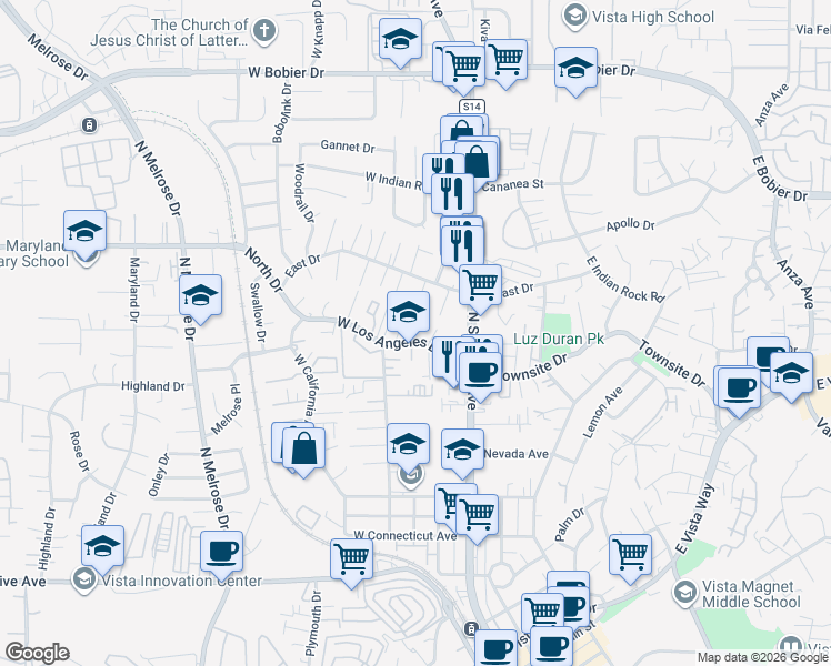 map of restaurants, bars, coffee shops, grocery stores, and more near 203 West Los Angeles Drive in Vista