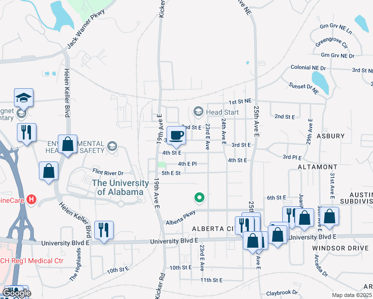 map of restaurants, bars, coffee shops, grocery stores, and more near 2107 3rd Street East in Tuscaloosa