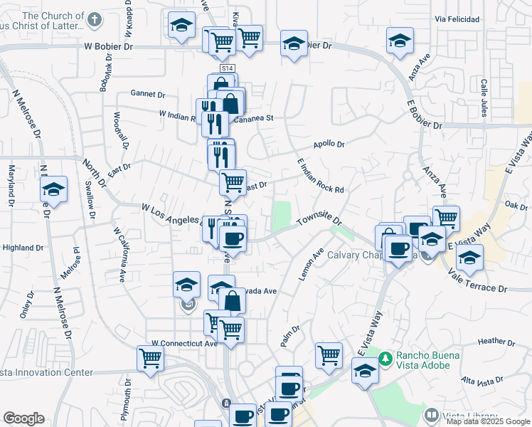 map of restaurants, bars, coffee shops, grocery stores, and more near 900 North Citrus Avenue in Vista