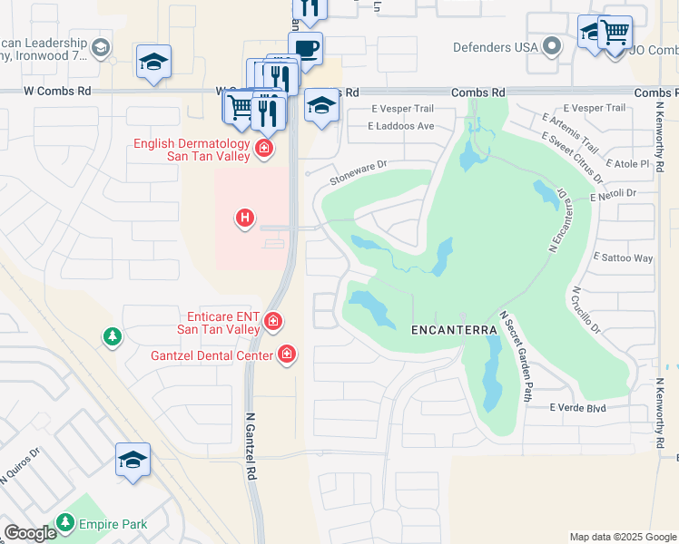 map of restaurants, bars, coffee shops, grocery stores, and more near 180 East Kennedia Drive in San Tan Valley