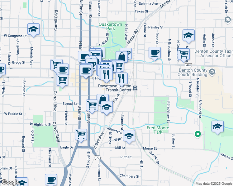 map of restaurants, bars, coffee shops, grocery stores, and more near 209 South Bell Avenue in Denton