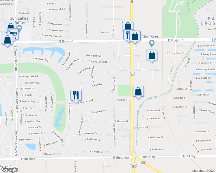 map of restaurants, bars, coffee shops, grocery stores, and more near 11019 East Regal Drive in Chandler