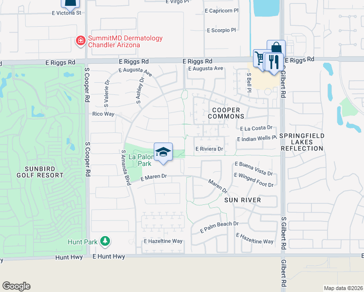 map of restaurants, bars, coffee shops, grocery stores, and more near 2482 East Riviera Place in Chandler