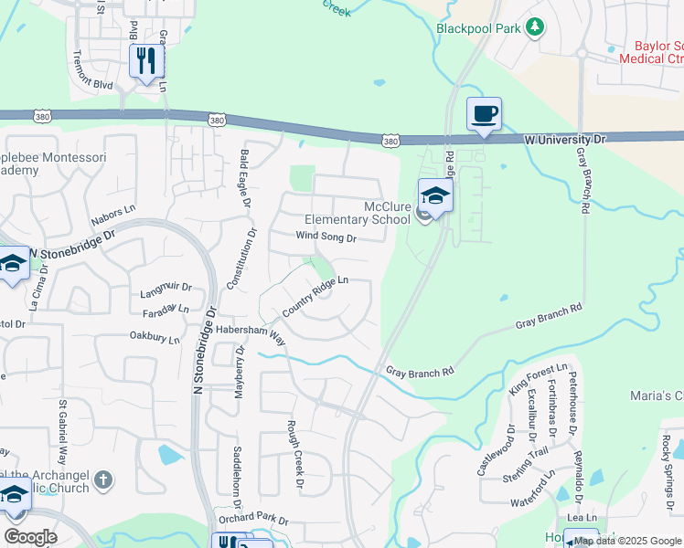 map of restaurants, bars, coffee shops, grocery stores, and more near 6408 Country Ridge Lane in McKinney