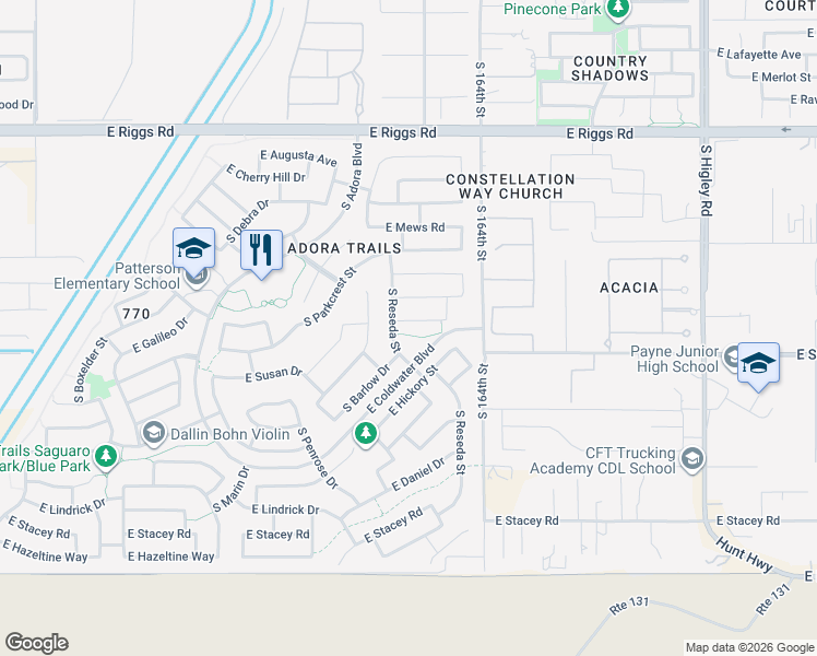 map of restaurants, bars, coffee shops, grocery stores, and more near 2690 East Galileo Drive in Gilbert