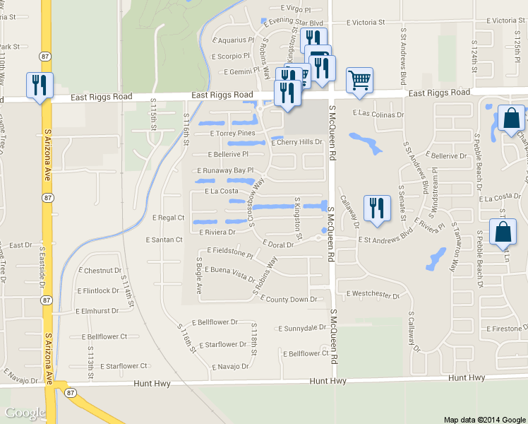 map of restaurants, bars, coffee shops, grocery stores, and more near 844 East Indian Wells Place in Chandler
