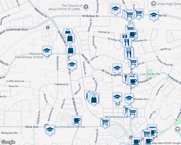map of restaurants, bars, coffee shops, grocery stores, and more near 451 West Los Angeles Drive in Vista