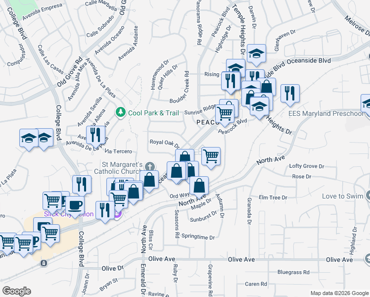 map of restaurants, bars, coffee shops, grocery stores, and more near 4559 Westridge Drive in Oceanside