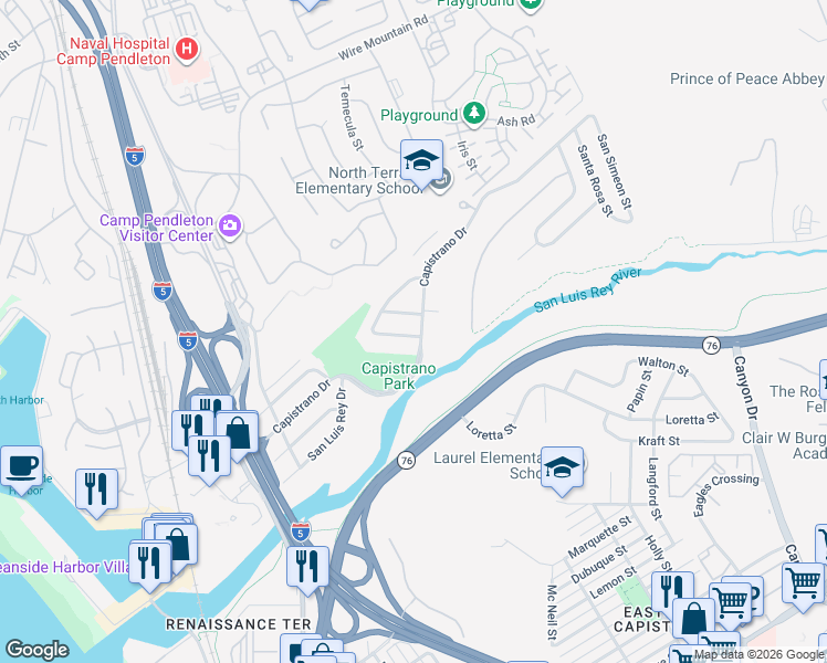 map of restaurants, bars, coffee shops, grocery stores, and more near 811 Capistrano Drive in Oceanside