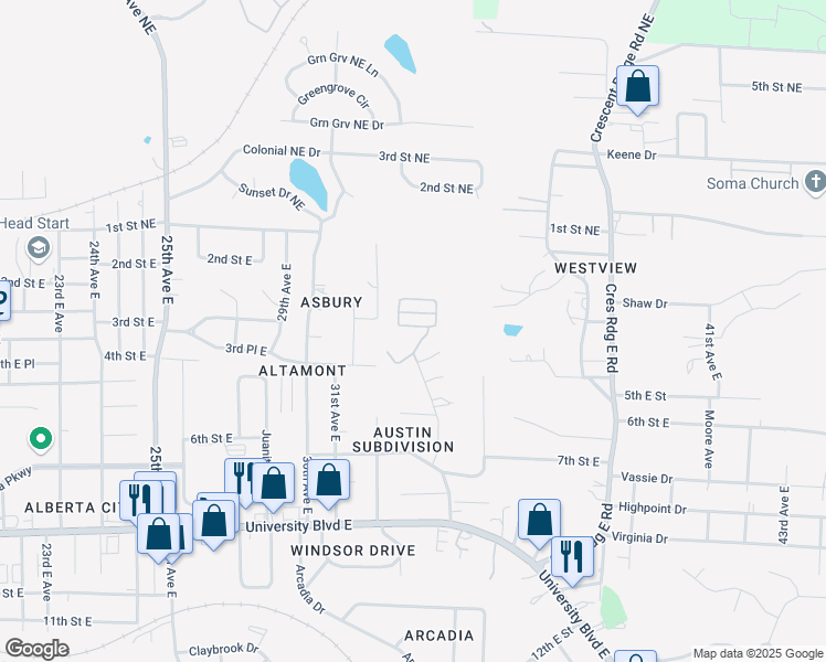 map of restaurants, bars, coffee shops, grocery stores, and more near 381 34th Avenue East in Tuscaloosa