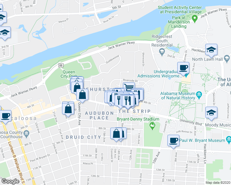 map of restaurants, bars, coffee shops, grocery stores, and more near 313 Reed Street in Tuscaloosa