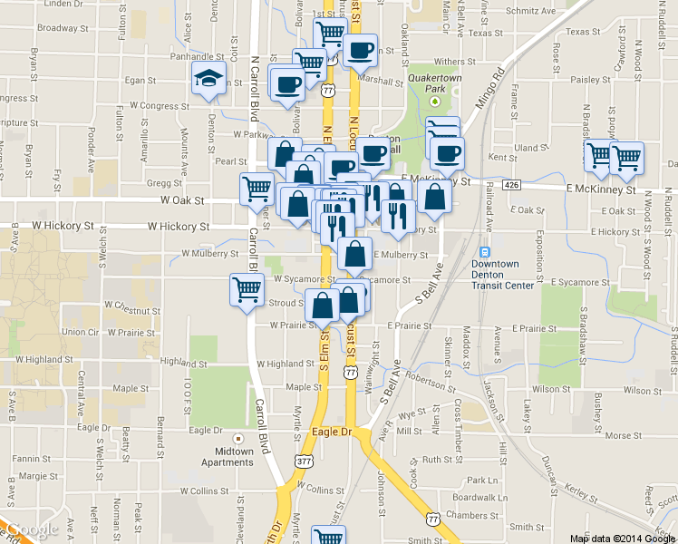 map of restaurants, bars, coffee shops, grocery stores, and more near 210 South Locust Street in Denton
