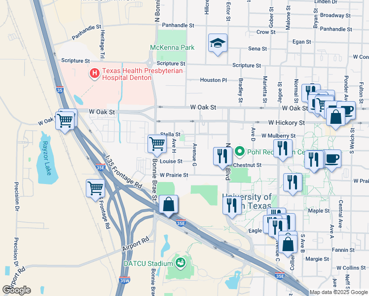 map of restaurants, bars, coffee shops, grocery stores, and more near 2428 Charlotte Street in Denton