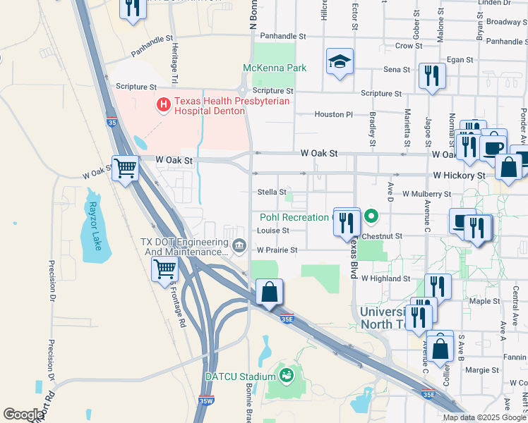 map of restaurants, bars, coffee shops, grocery stores, and more near 2532 Charlotte Street in Denton