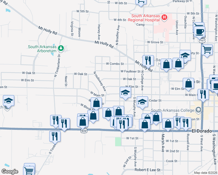 map of restaurants, bars, coffee shops, grocery stores, and more near 1223 West Elm Street in El Dorado