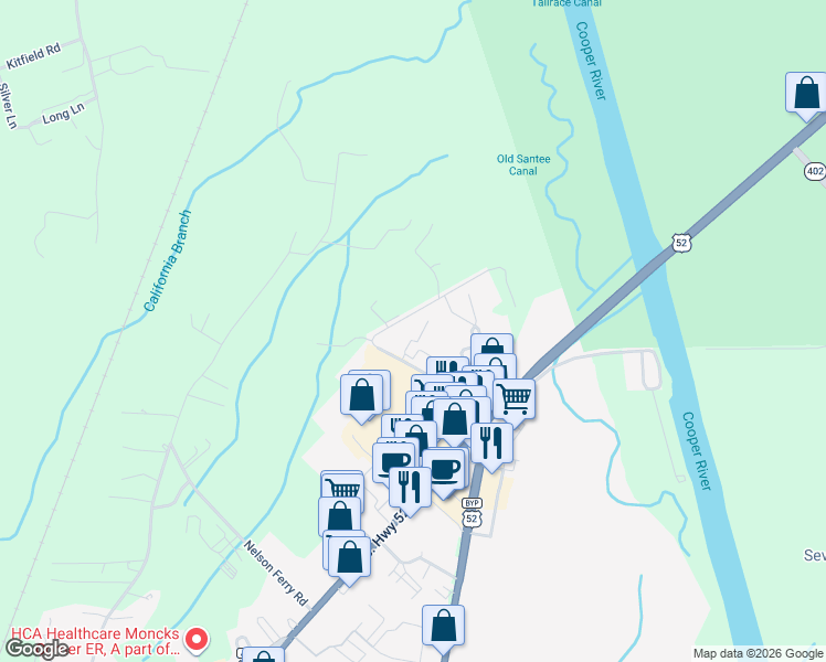 map of restaurants, bars, coffee shops, grocery stores, and more near 3107 Mariners Way in Moncks Corner