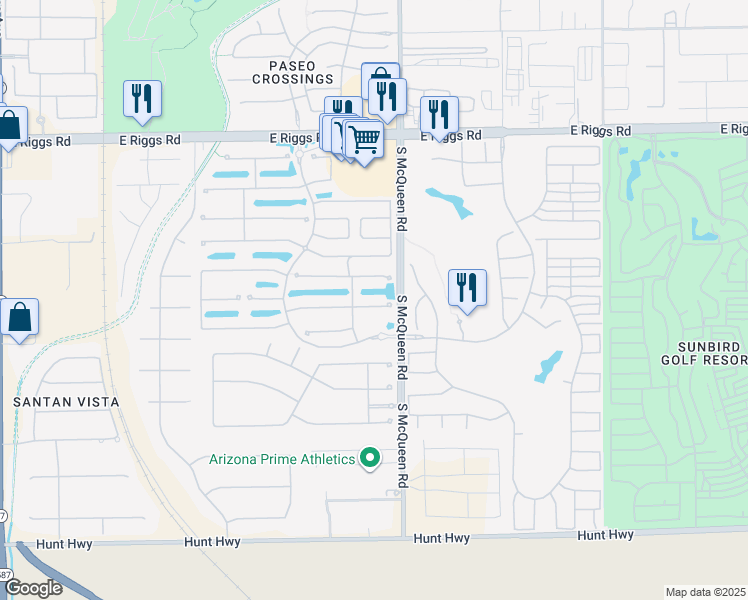 map of restaurants, bars, coffee shops, grocery stores, and more near 958 East Indian Wells Place in Chandler