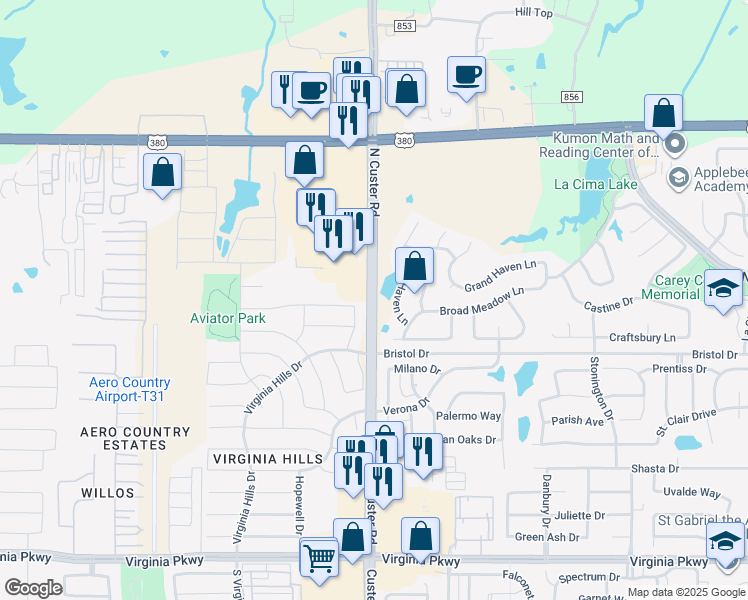 map of restaurants, bars, coffee shops, grocery stores, and more near 1300 North Custer Road in Allen