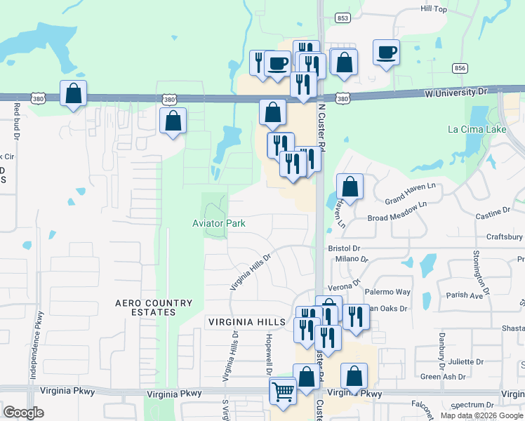 map of restaurants, bars, coffee shops, grocery stores, and more near 9212 Warren Drive in McKinney