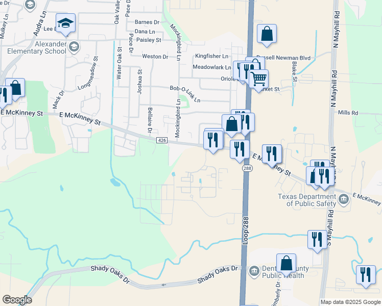 map of restaurants, bars, coffee shops, grocery stores, and more near 3320 East McKinney Street in Denton