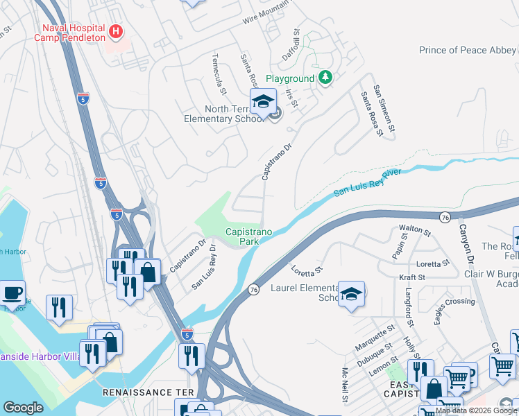 map of restaurants, bars, coffee shops, grocery stores, and more near 1528 San Jose Street in Oceanside