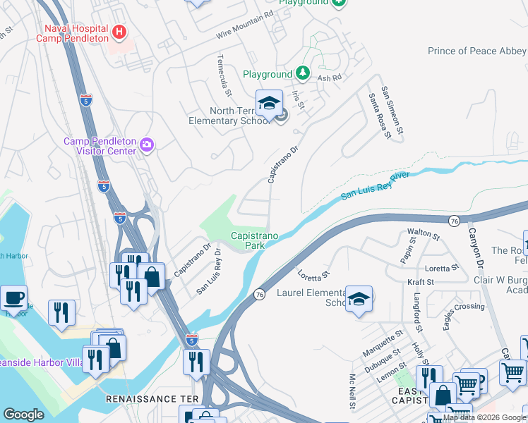 map of restaurants, bars, coffee shops, grocery stores, and more near 811 Capistrano Drive in Oceanside