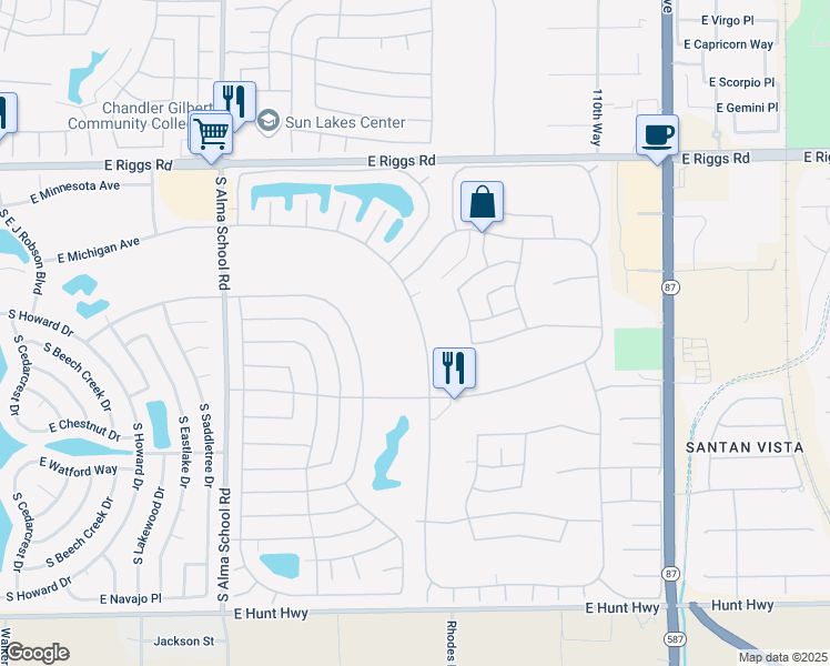 map of restaurants, bars, coffee shops, grocery stores, and more near 25801 South Ribbonwood Drive in Sun Lakes